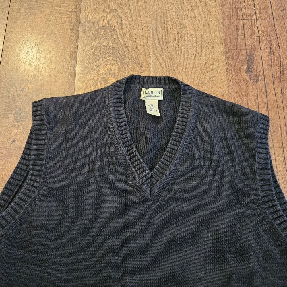 LL Bean Mens V Neck Sweater Vest XL Tall Black 100% Cotton Knit Casual Layering